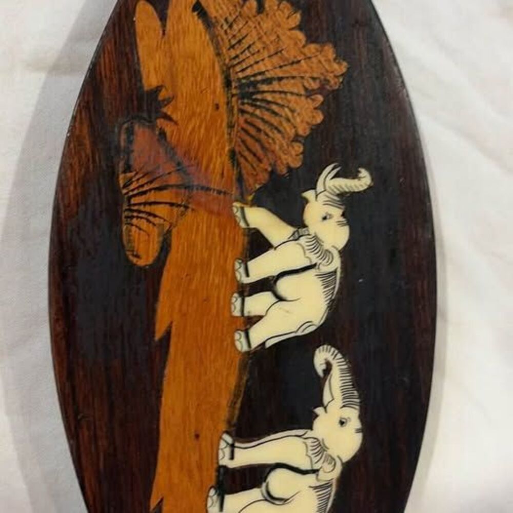 Vintage Wooden Elephant Inlay Wall Plaque